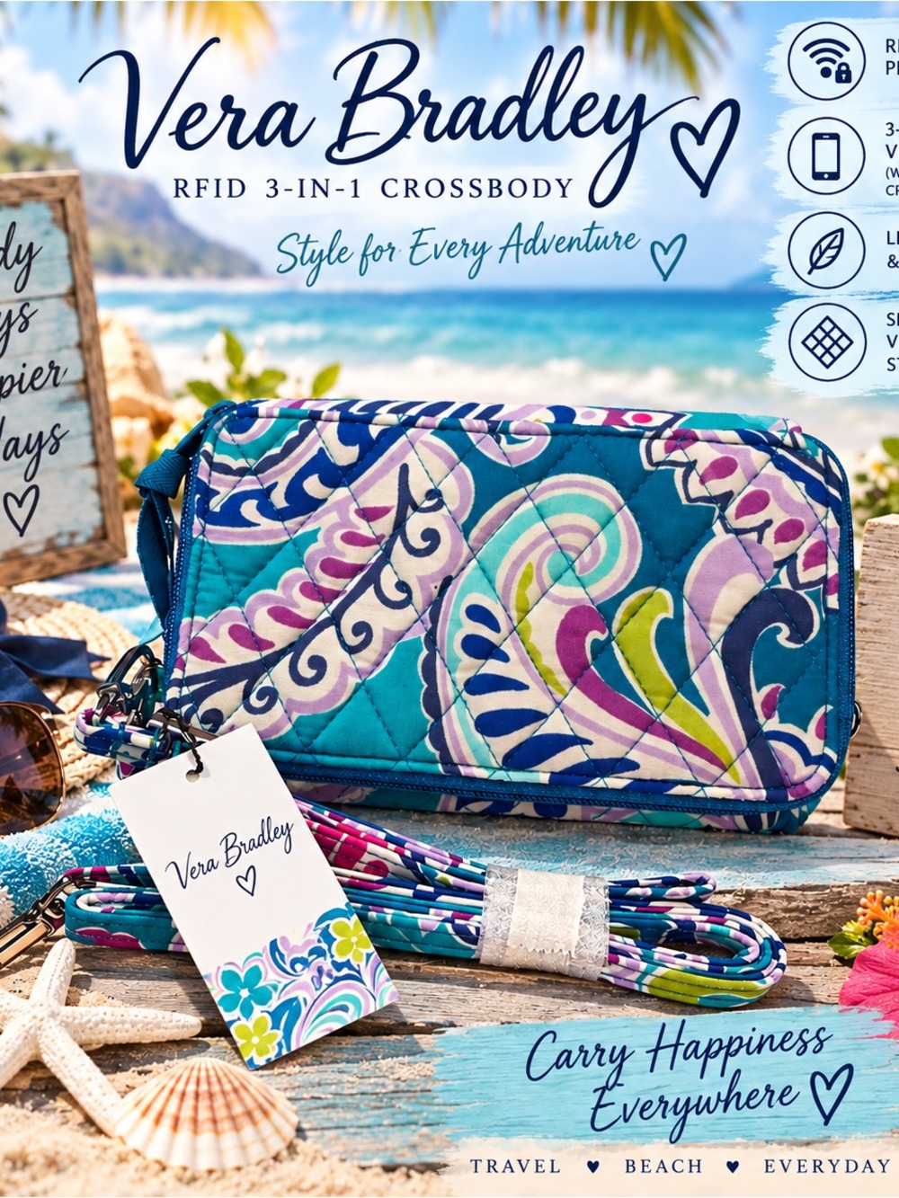 Vera Bradley Teal Paisley Quilted RFID 3-in-1 Crossbody Wallet